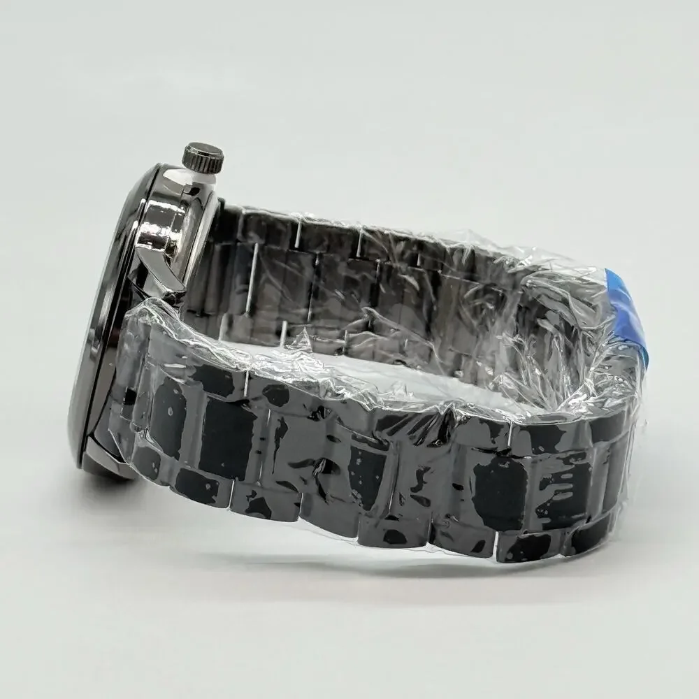 Mens All Black Metal Watch 3D Gold Dragon Sculpted Dial Rhinestone Indices New